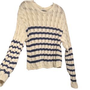 American Eagle Sweater L Cream Blue Stripe Cable Knit Crop LS Drop Shoulder